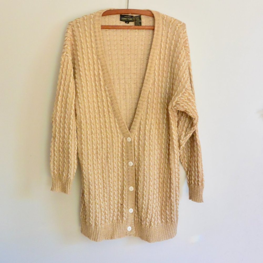 Vintage Jeanne Pierre Gold Knit Cardigan Sweater Christmas Holiday Outfit Medium